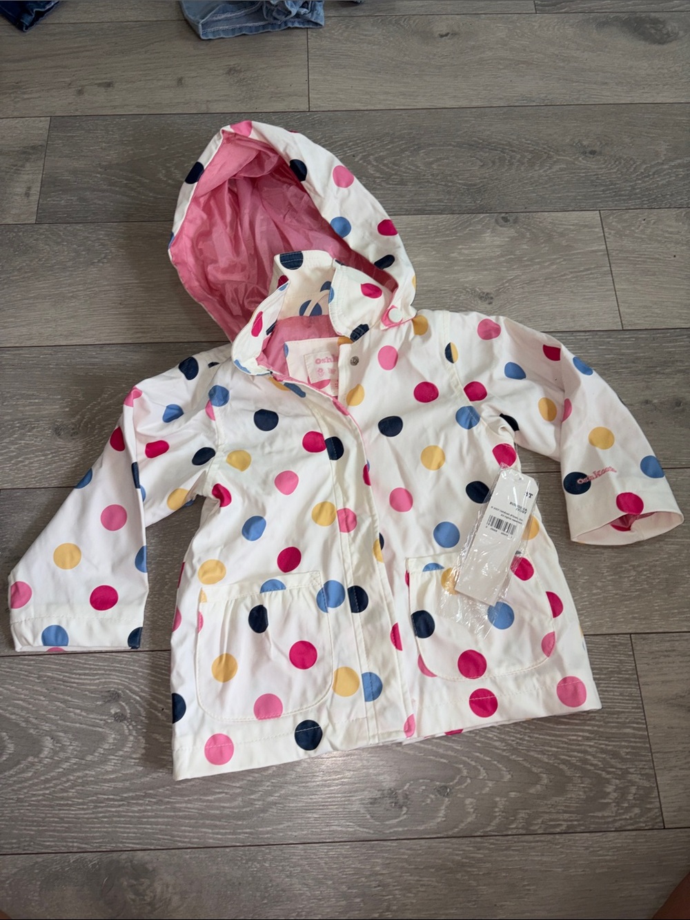 OshKosh B'gosh White Hooded Raincoat with Multicolor Polka Dots